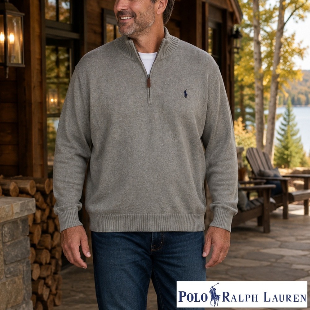 Polo by Ralph Lauren, Mens 3XLT Grey Cotton 1/4 Zip Pullover Sweater Big & Tall